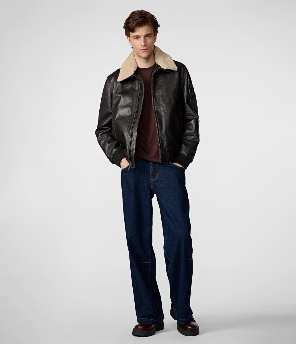 Jimmy Leather Aviator Bomber Jacket With Shearling Collar - Vox Leather