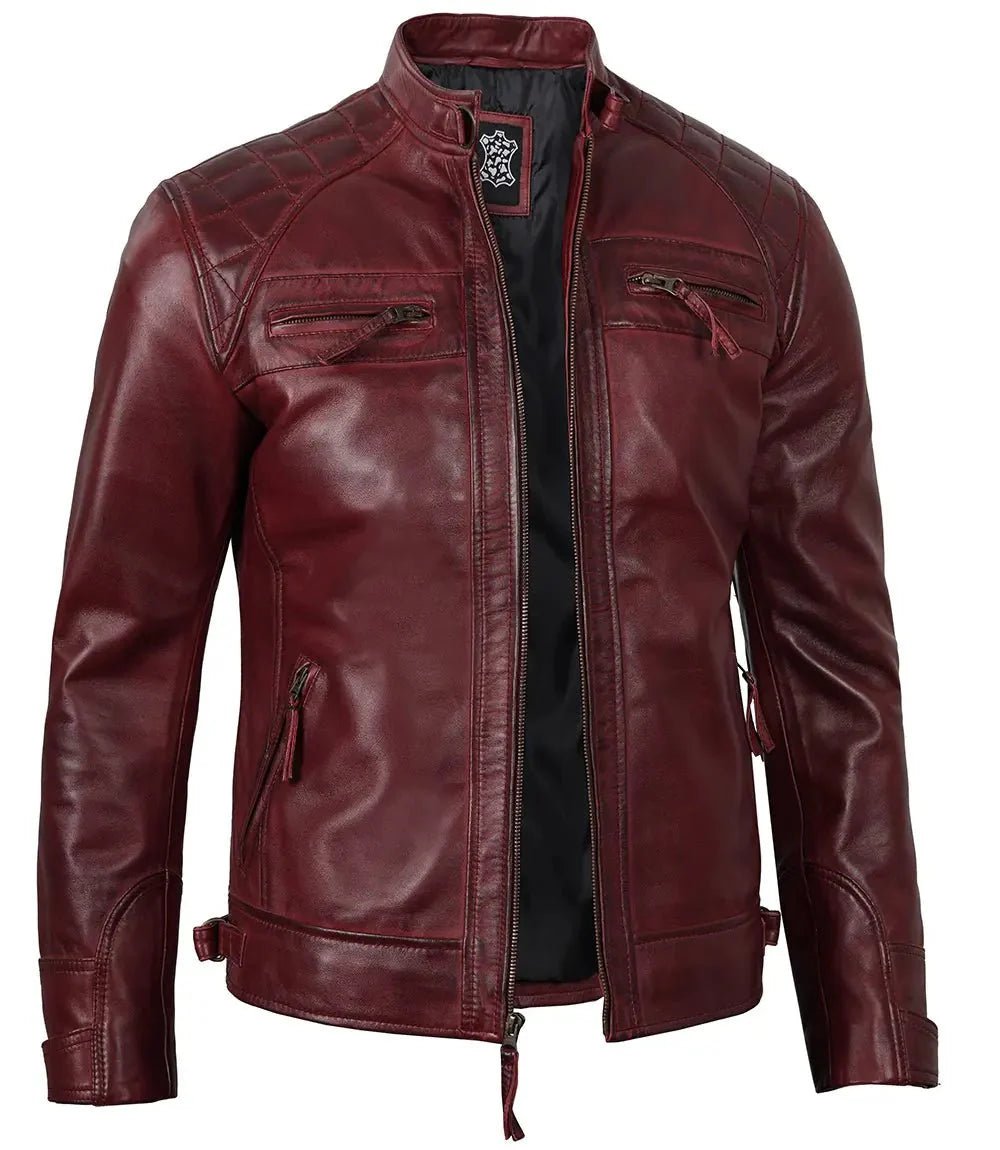 Johnson Burgundy Quilted Motorcycle Leather Jacket - Vox Leather