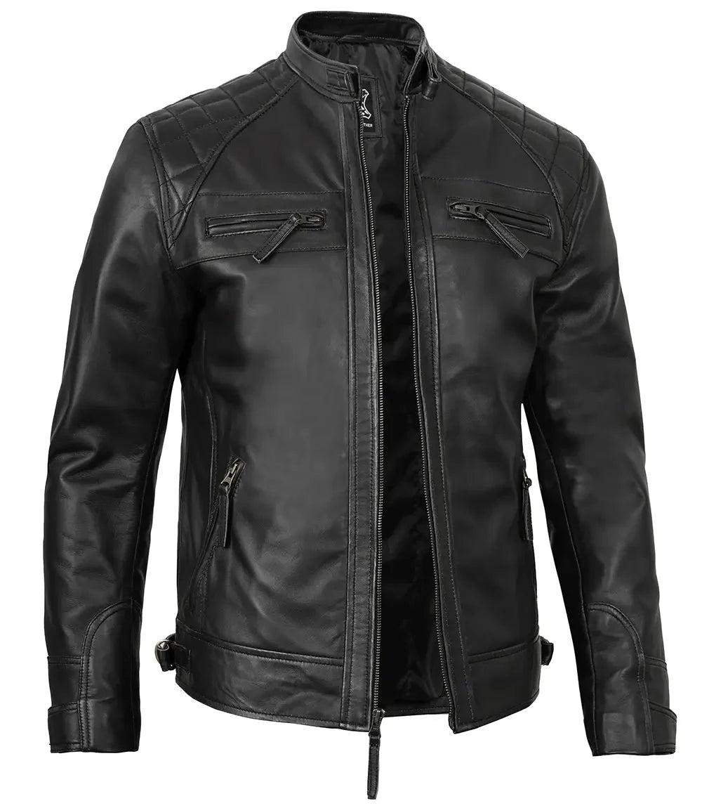 Johnson Mens Black Quilted Motorcycle Real Leather Jacket - Vox Leather
