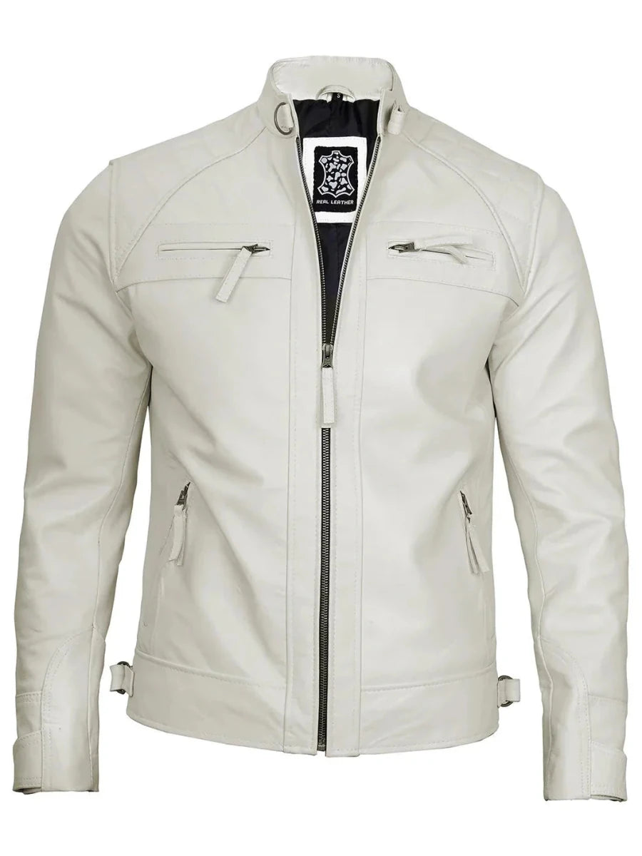 Johnson Mens Off White Quilted Cafe Racer Leather Jacket - Vox Leather