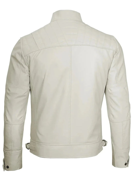 Johnson Mens Off White Quilted Cafe Racer Leather Jacket - Vox Leather