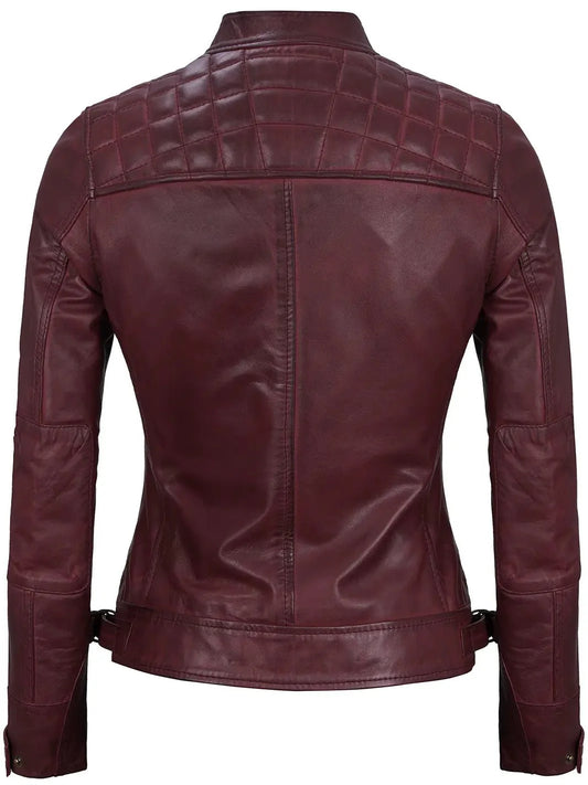 Johnson Women's Burgundy Quilted Cafe Racer Leather Jacket - Rare Leather