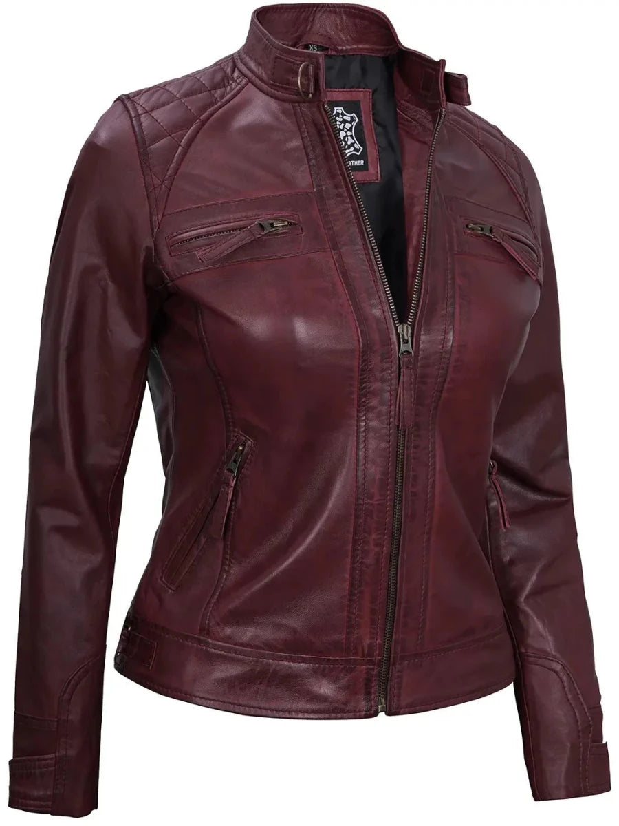 Johnson Women's Burgundy Quilted Cafe Racer Leather Jacket - Vox Leather