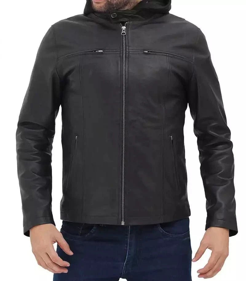 Jonathan Mens Black Cafe Racer Leather Jacket with Removable Hood - Vox Leather