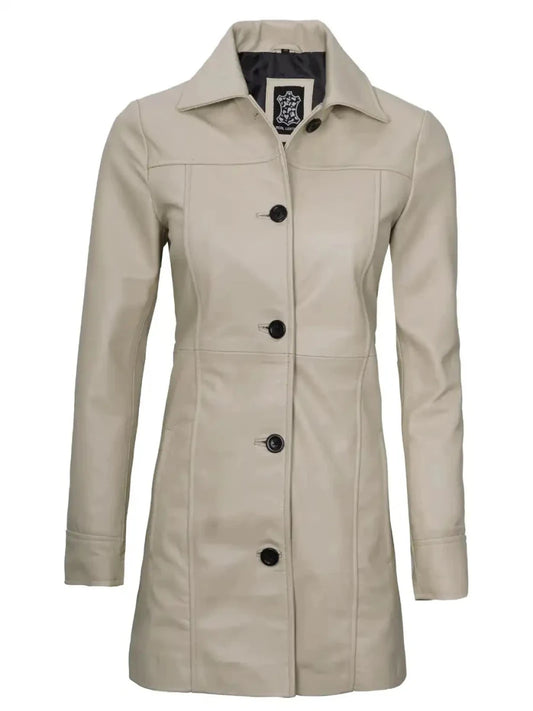Kandis Women's Biege Real Leather Car Coat - Vox Leather