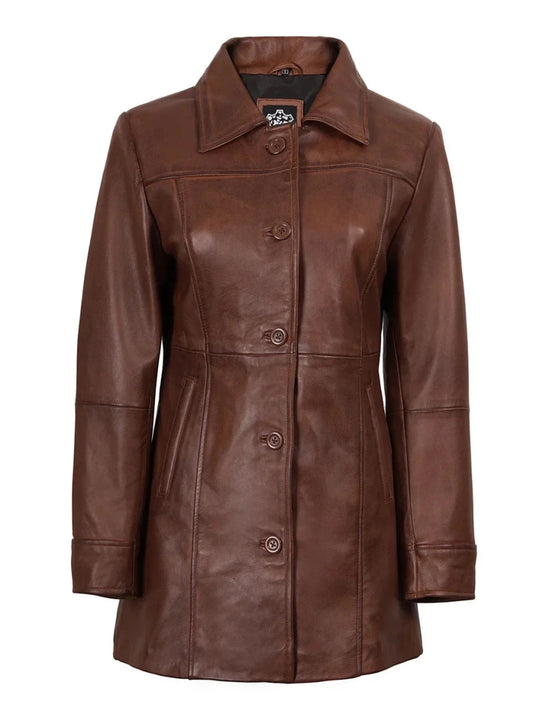 Kandis Women's Cognac Brown Leather Car Coat - Vox Leather