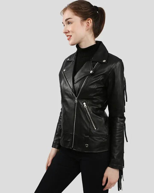 Kiana Black Biker Fringes Leather Jacket - Vox Leather