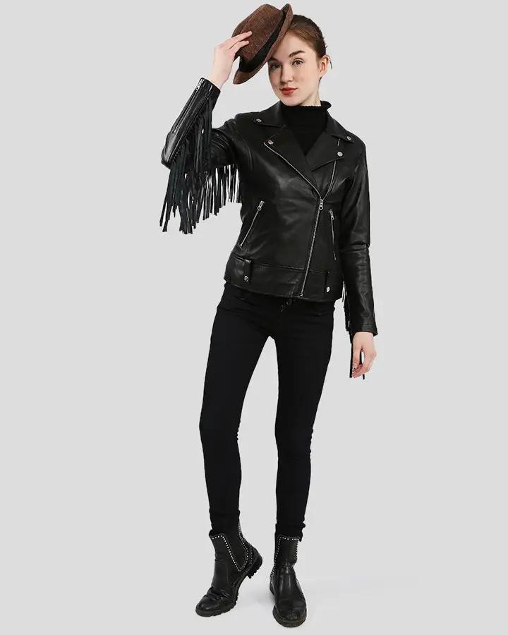Kiana Black Biker Fringes Leather Jacket - Vox Leather
