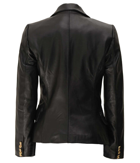 Kim Women's Black Double Breasted Leather Blazer Jacket - Rare Leather