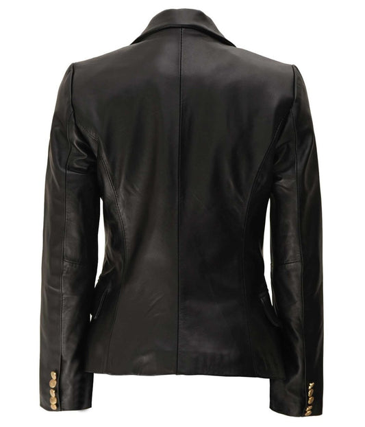 Kim Women's Black Double Breasted Leather Blazer Jacket - Vox Leather