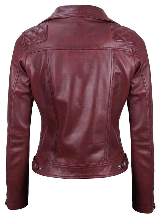 Kimberley Women's Asymmetrical Burgundy Quilted Moto Leather Jacket - Vox Leather