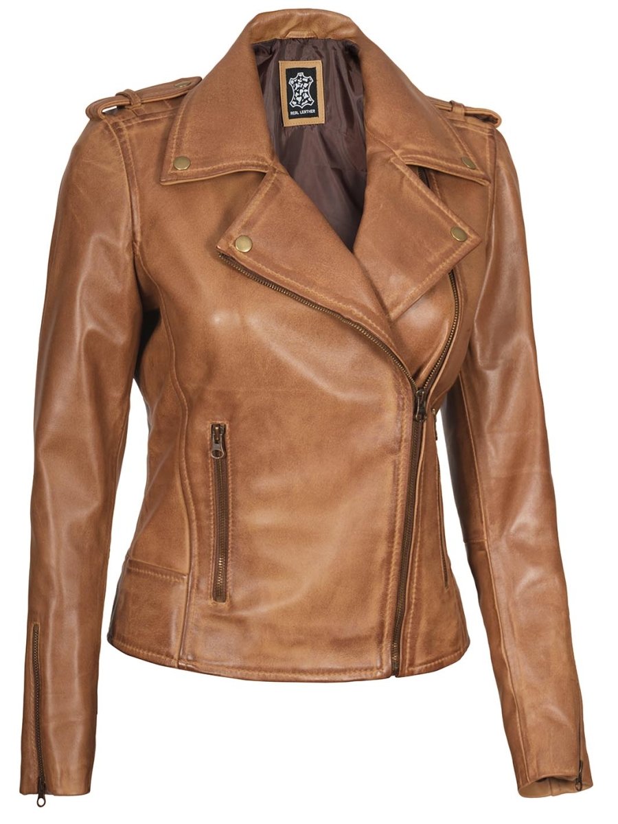 Kirsten Womens Asymmetrical Camel Brown Biker Leather Jacket - Vox Leather