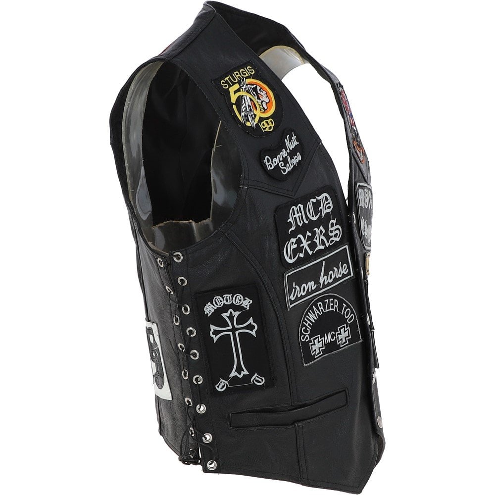 Leather Laced Patch Waistcoat Black Biker Vest - Rare Leather