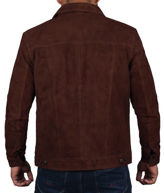 Logan Men's Dark Brown Suede Trucker Jacket - Vox Leather
