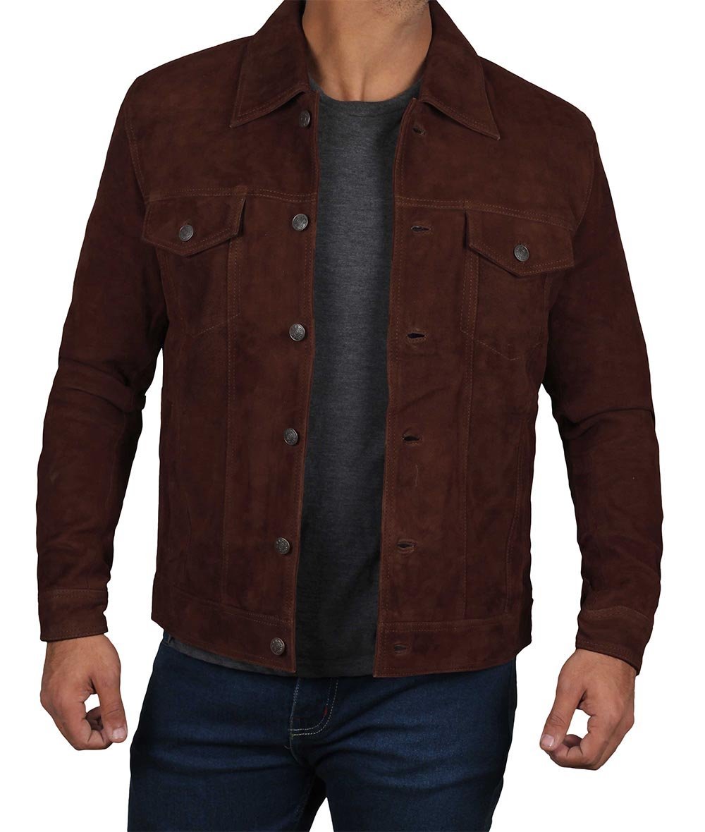 Logan Men's Dark Brown Suede Trucker Jacket - Vox Leather