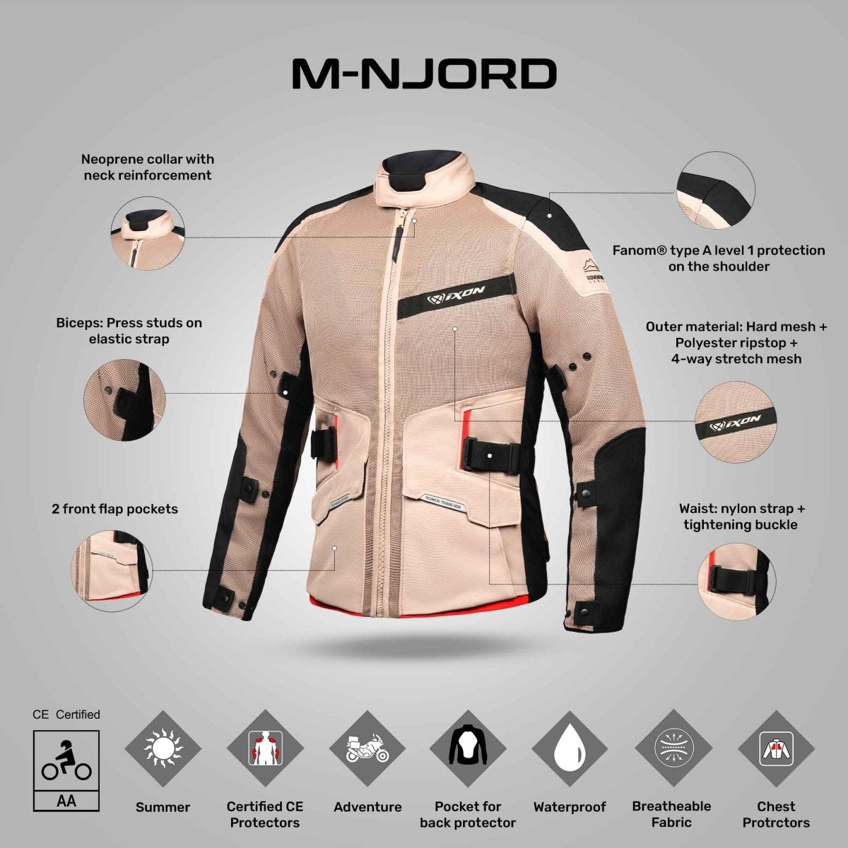 M-Njord - Adventure Touring Jacket (Sand / Black/ Red) - Vox Leather