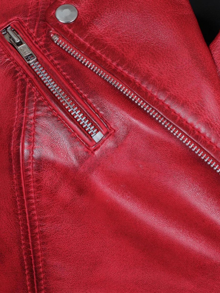 Margaret Women's Red Asymmetrical Motorcycle Leather Jacket - Vox Leather