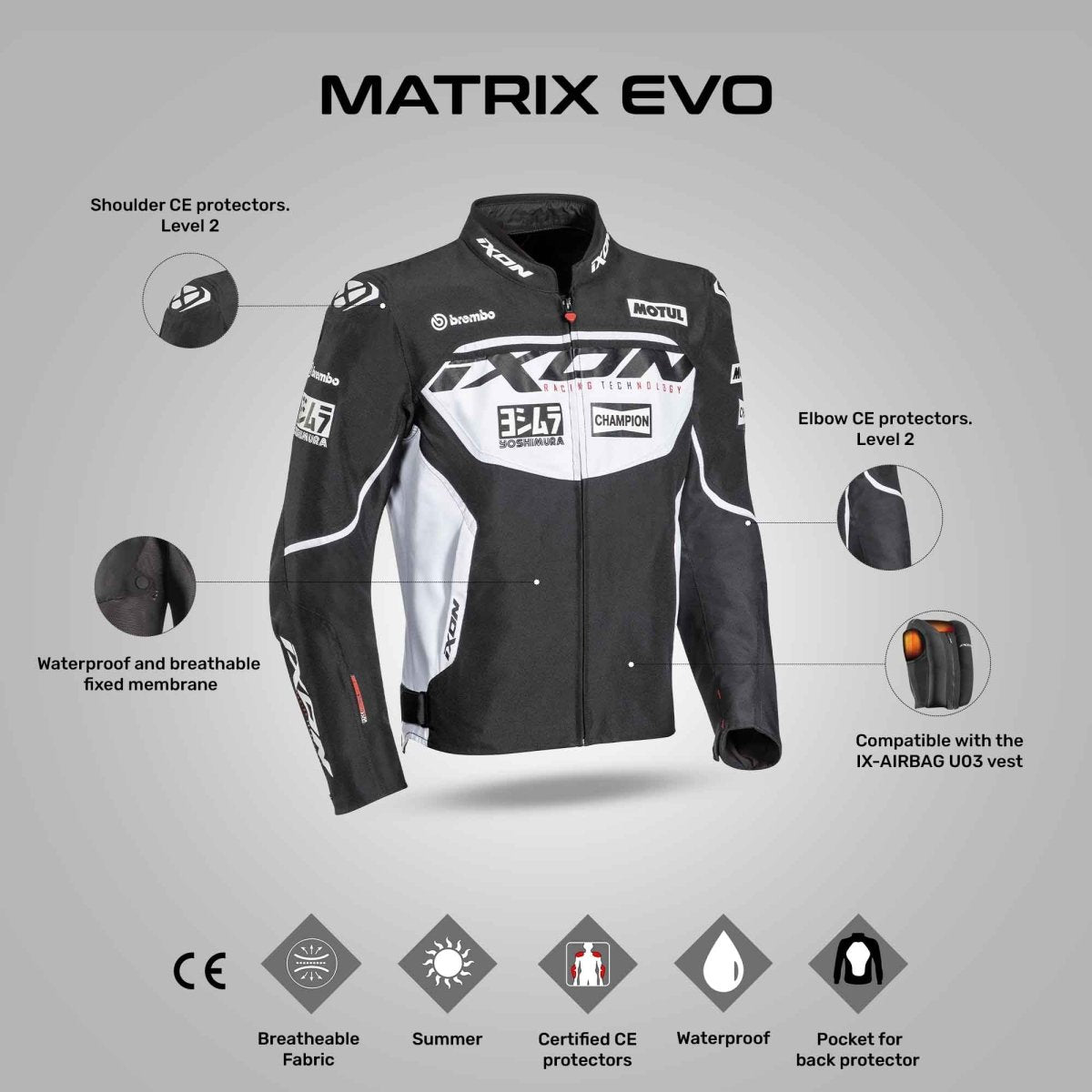 Matrix Evo - CE Certified Motorcycle Jacket (Black/White) - Vox Leather