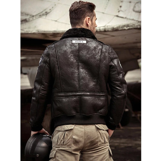 Men RAF B3 Sheepskin Suede Black Leather Shearling Bomber Jacket - Rare Leather