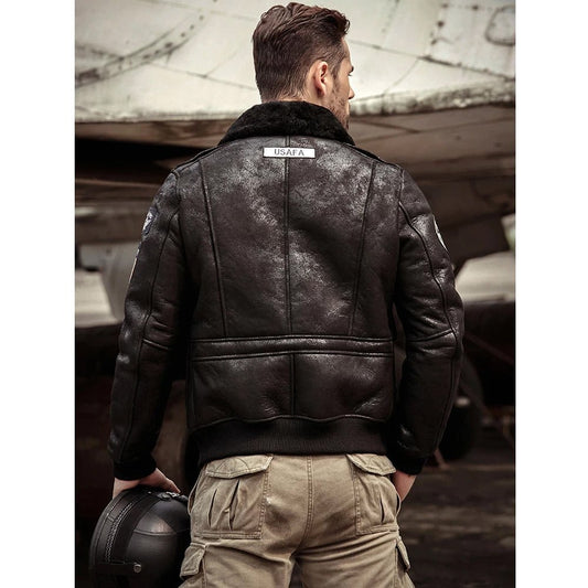 Men RAF B3 Sheepskin Suede Black Leather Shearling Bomber Jacket - Vox Leather
