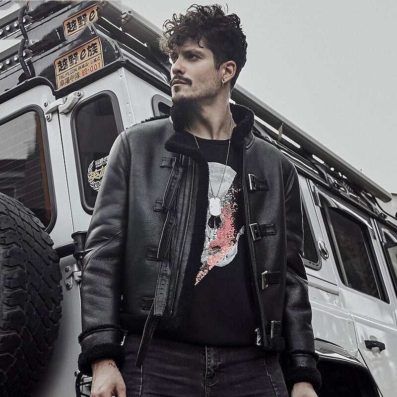 Men's B3 RAF Black Sheepskin Motorcycle Leather Shearling Jacket - Vox Leather