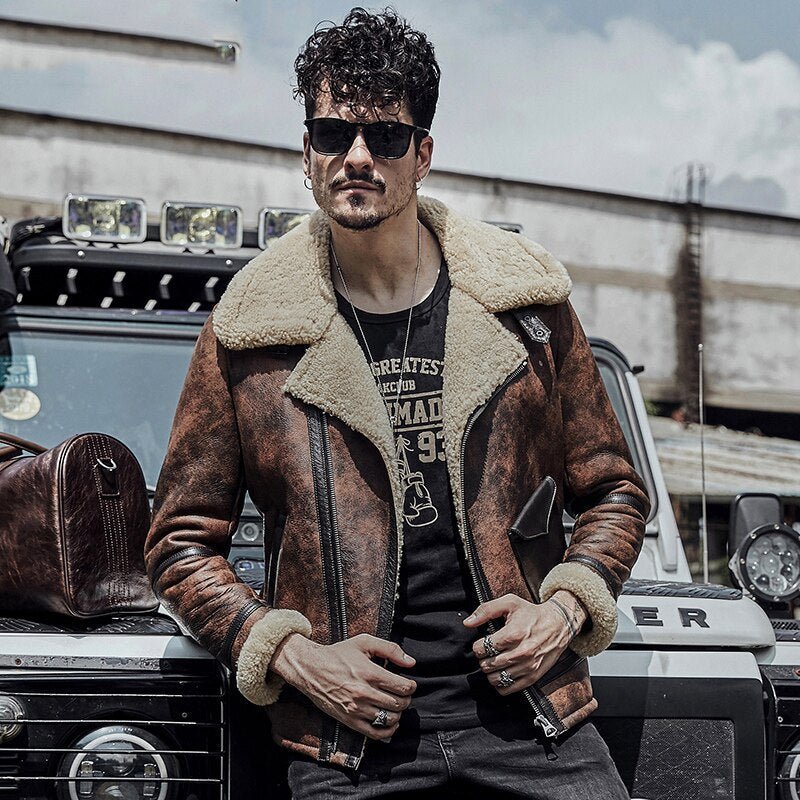 Mens B3 RAF Waxed Brown Flying Aviator Leather Shearling Jacket Coat - Rare Leather