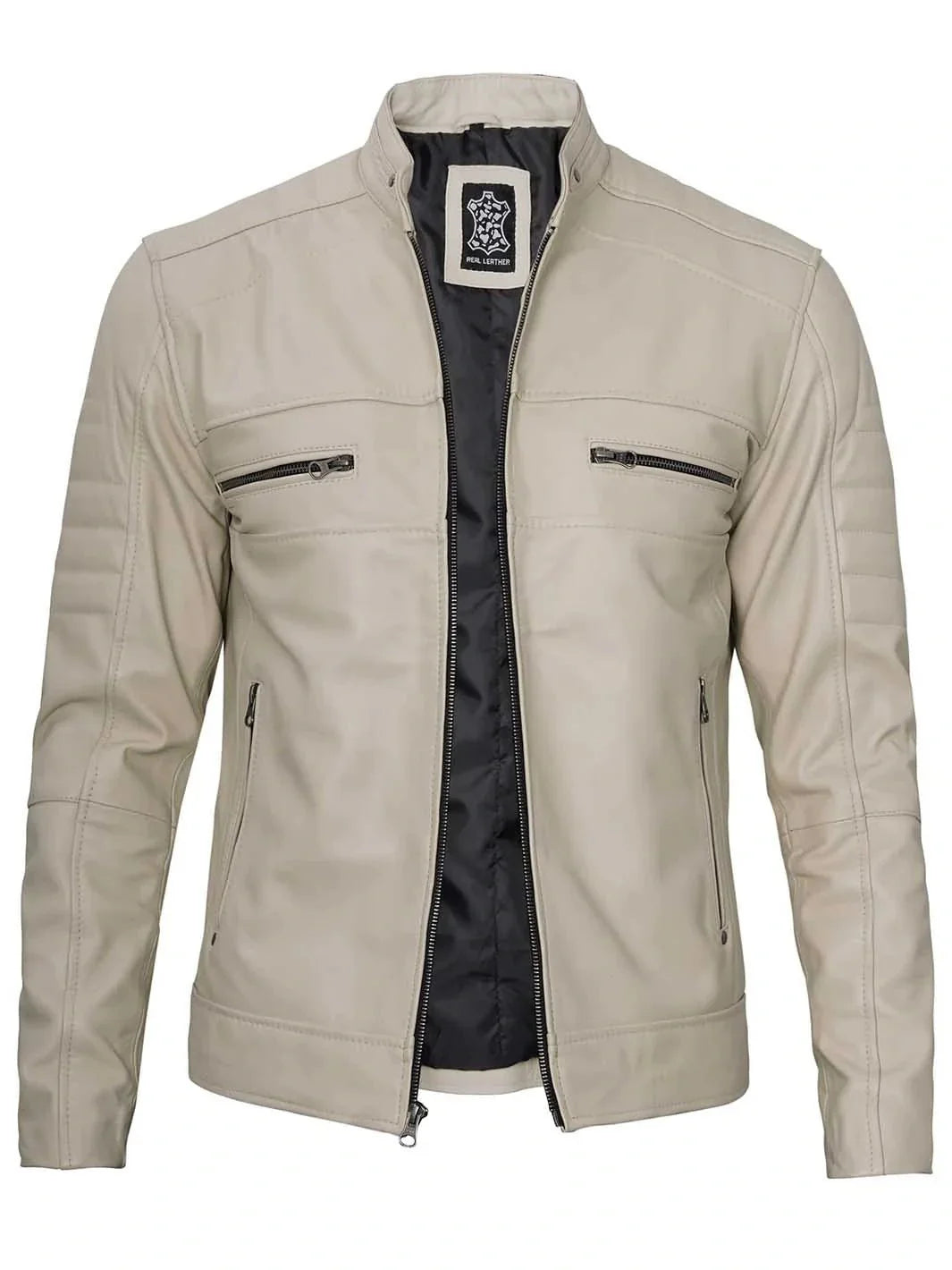 Mens Beige Cafe Racer Style Leather Jacket - Rare Leather
