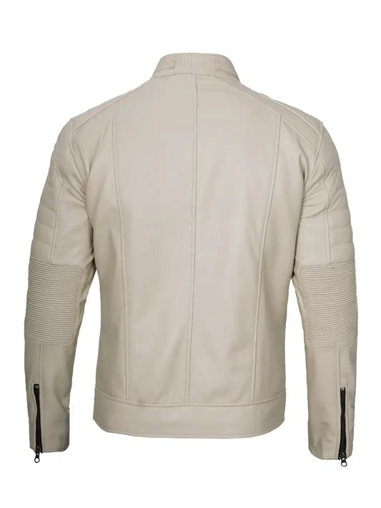 Mens Beige Cafe Racer Style Leather Jacket - Rare Leather