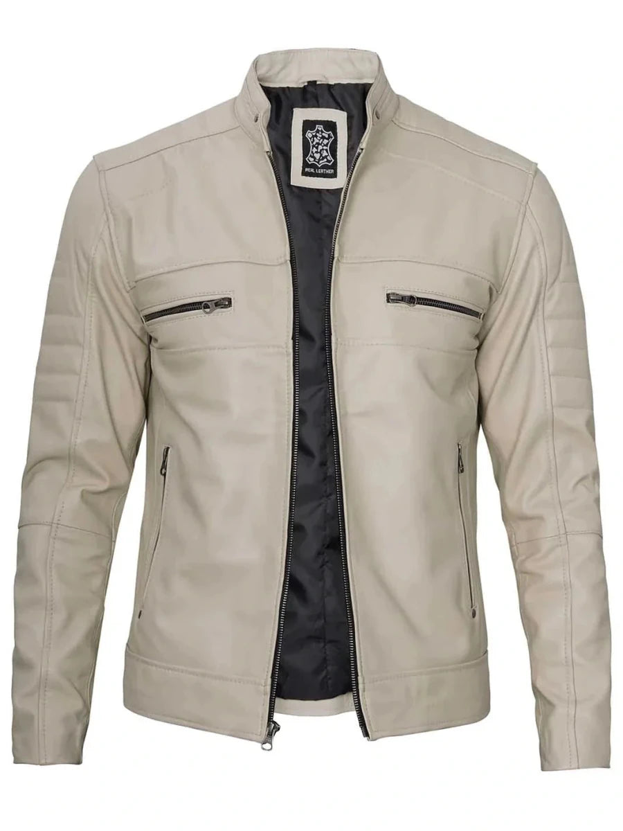 Mens Beige Cafe Racer Style Leather Jacket - Vox Leather
