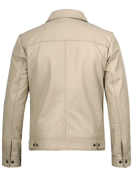 Men's Beige Real Leather Harrington Jacket - Rare Leather