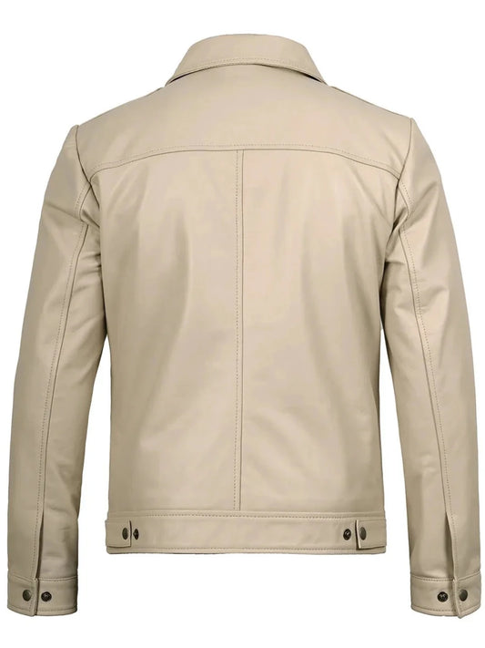 Men's Beige Real Leather Harrington Jacket - Vox Leather