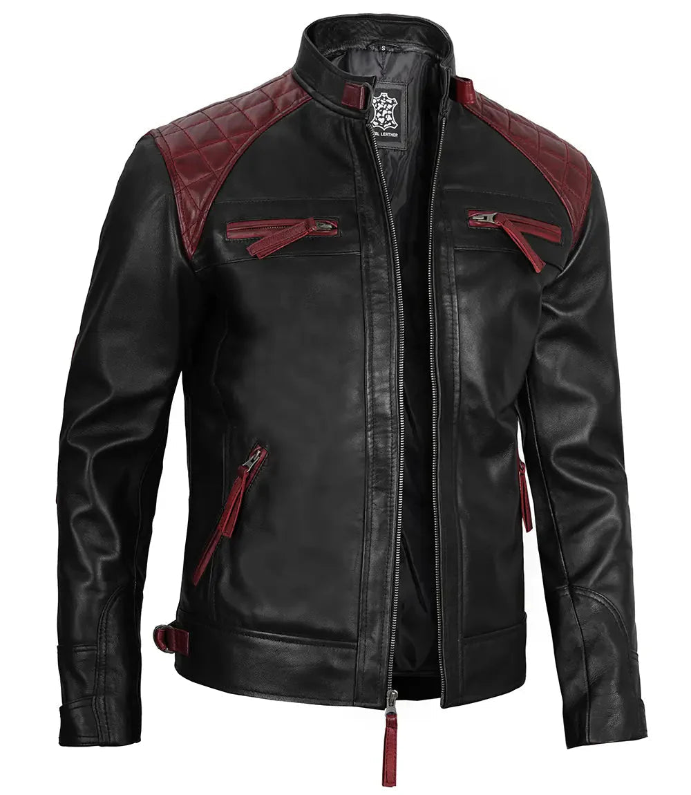 Men's Black and Burgundy Quilted Leather Biker Jacket - Vox Leather