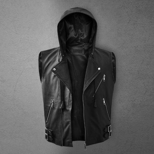 Men's Black Asymmetrical Biker MC Club Leather Hooded Vest - Vox Leather