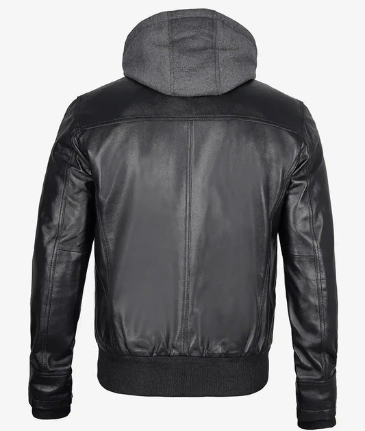 Mens Black Bomber Leather Jacket with Removable Hood - Rare Leather