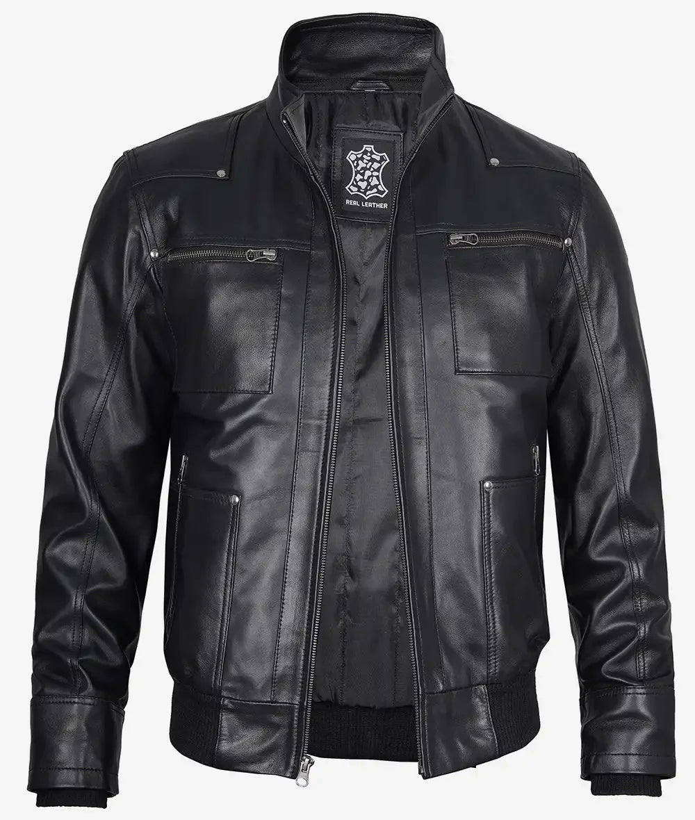 Mens Black Bomber Leather Jacket with Removable Hood - Vox Leather