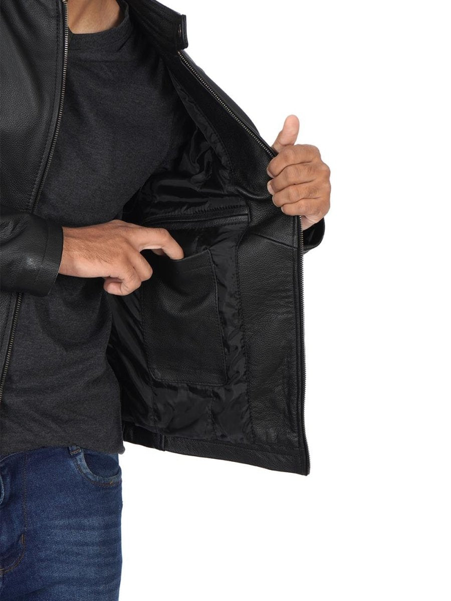 Men's Black Cow Hide Leather Cafe Racer Jacket - Vox Leather