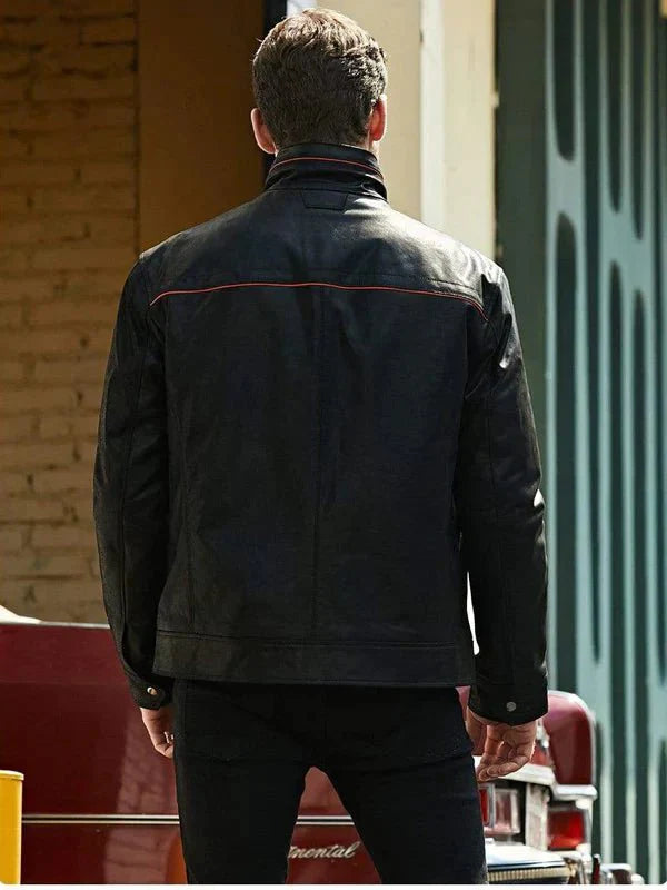 Men's Black Leather Jacket With Red Stripes - Rare Leather
