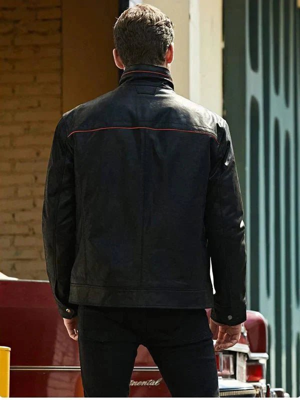 Men's Black Leather Jacket With Red Stripes - Vox Leather