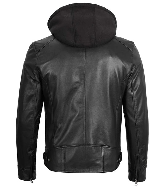 Men's Black Moto Leather Jacket with Removable Hood - Vox Leather