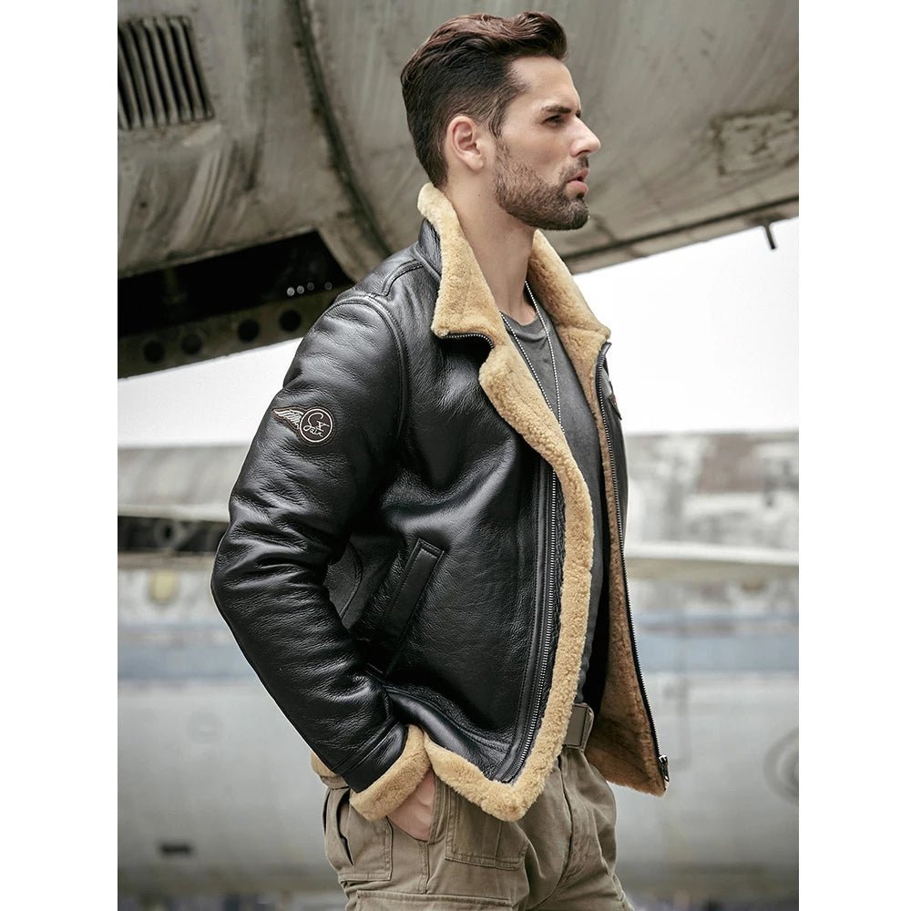 Men's Black RAF Aviator Airforce Sheepskin Shearling Leather Jacket - Vox Leather