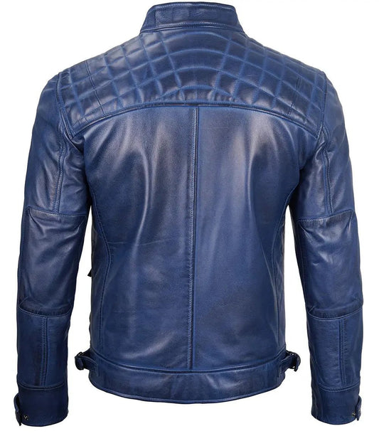 Men's Blue Wax Cafe Racer Leather Jacket - Vox Leather
