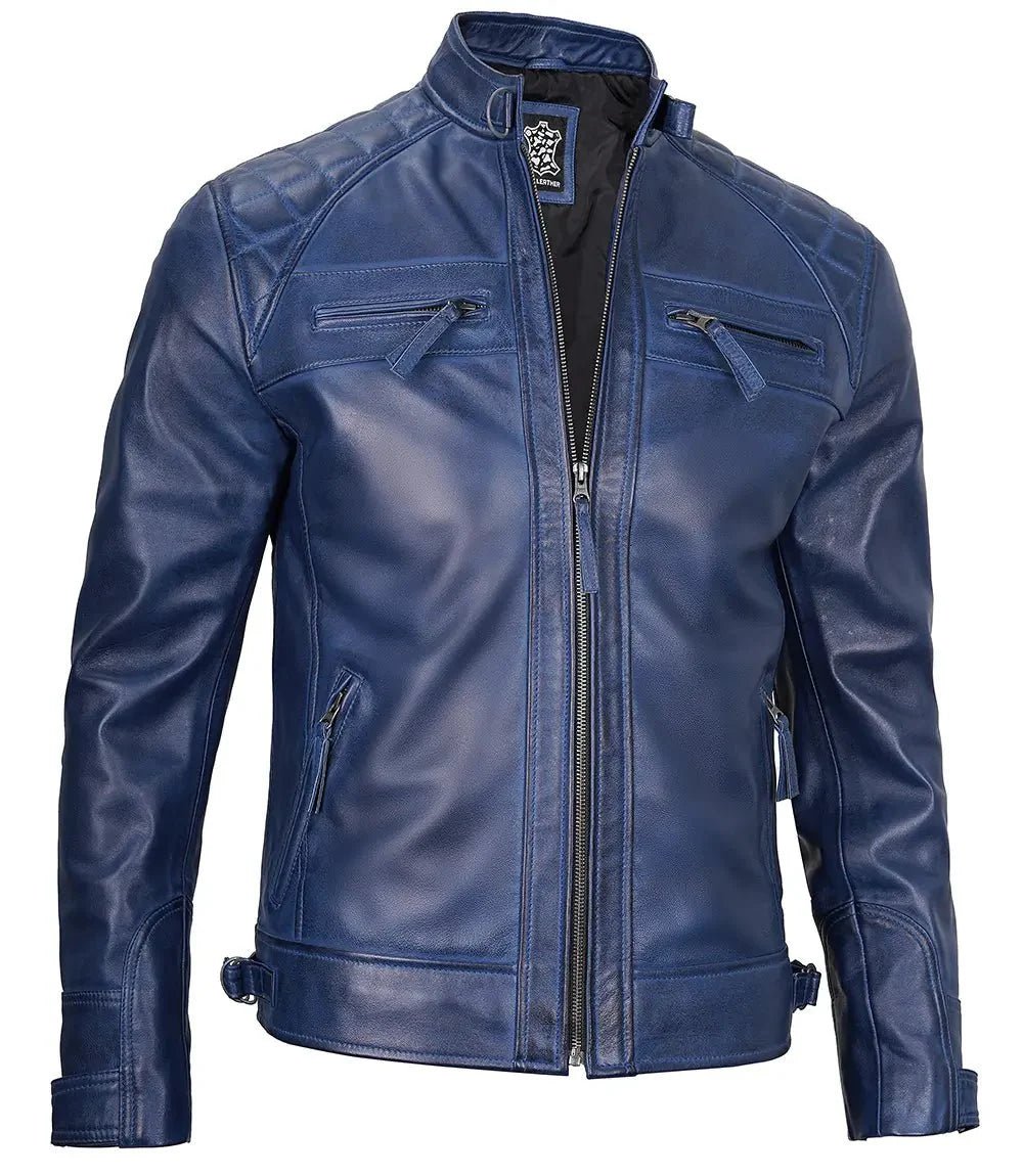 Men's Blue Wax Cafe Racer Leather Jacket - Vox Leather