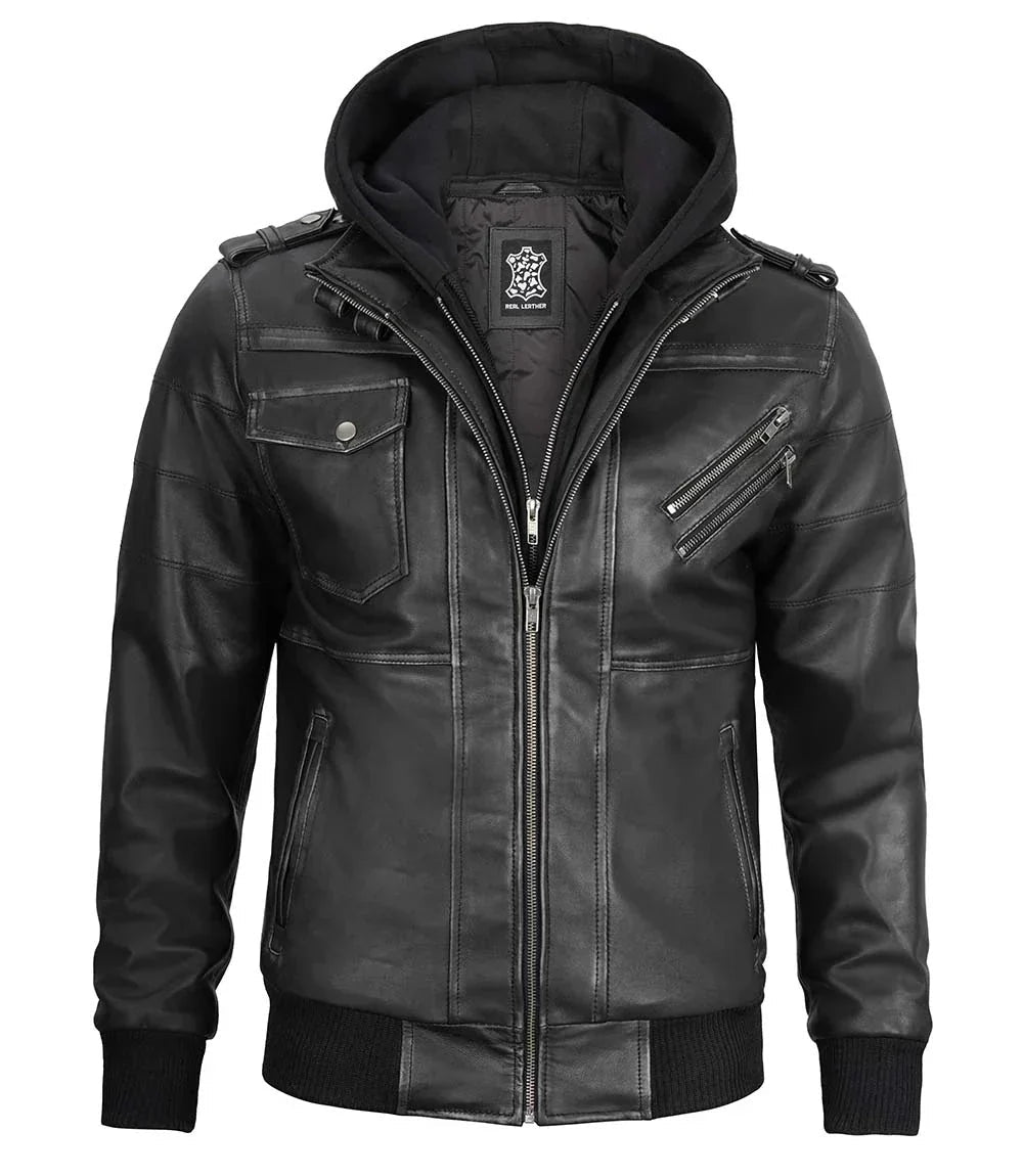 Men's Bomber Dark Grey Leather Jacket with Removable Hood - Vox Leather