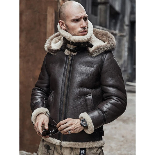 Mens Brown Hooded B3 RAF Aviator Sheepskin Shearling Leather Jacket - Rare Leather