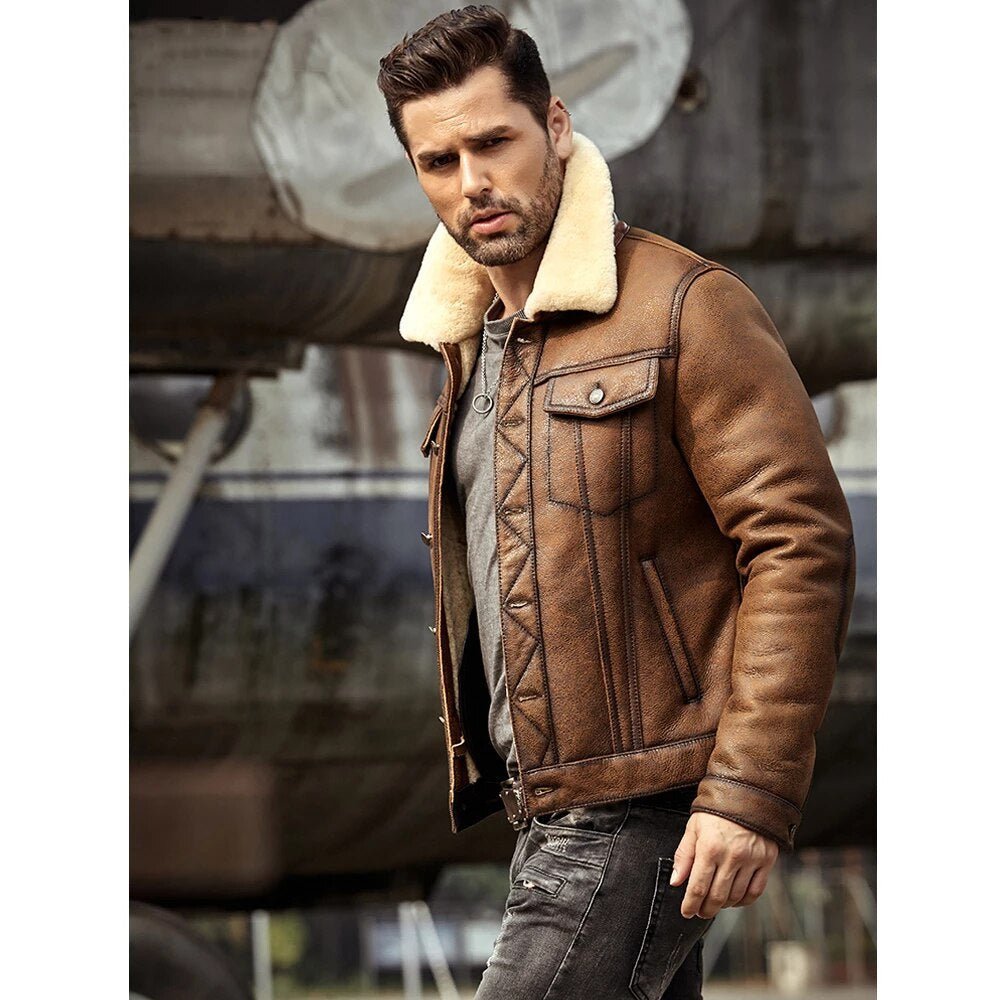 Mens Brown RAF B3 Sheepskin Trucker Shearling Leather Jacket - Vox Leather