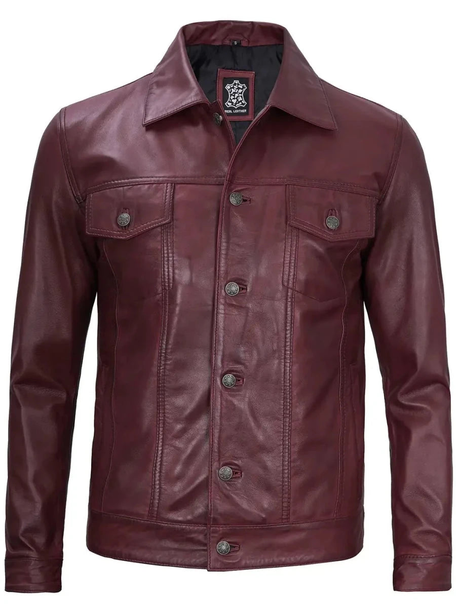 Men's Burgundy Real Leather Trucker Jacket - Vox Leather