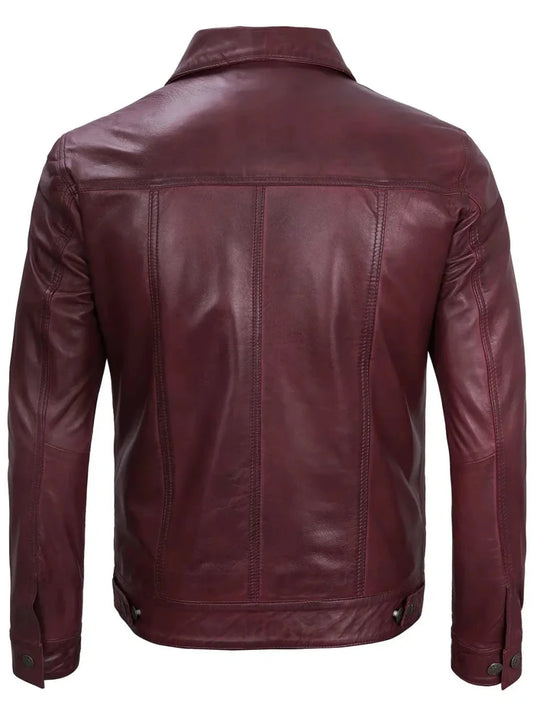Men's Burgundy Real Leather Trucker Jacket - Vox Leather