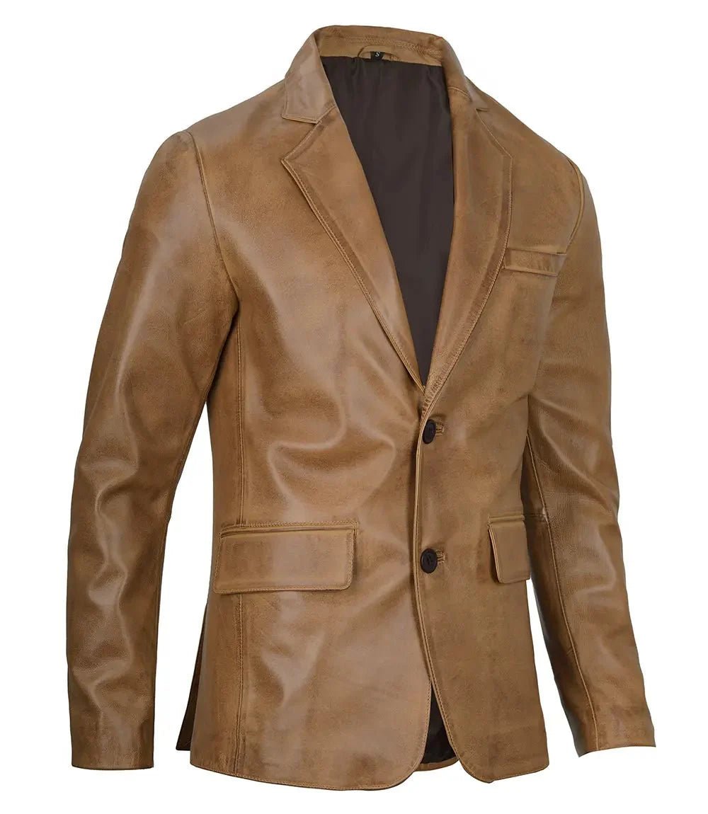 Mens Camel Brown Leather Blazer Jacket - Vox Leather