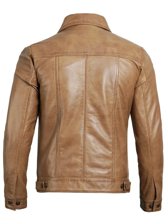 Men's Camel Brown Leather Trucker Jacket - Vox Leather