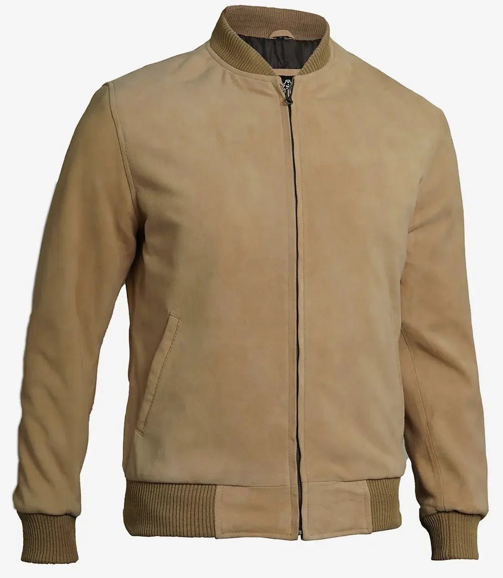Men's Camel Brown Suede Bomber Jacket - Vox Leather